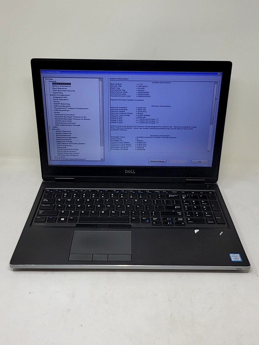DELL PRECISION 7540 Laptop Intel Core I7-9750H 8GB 512GB SEE NOTES