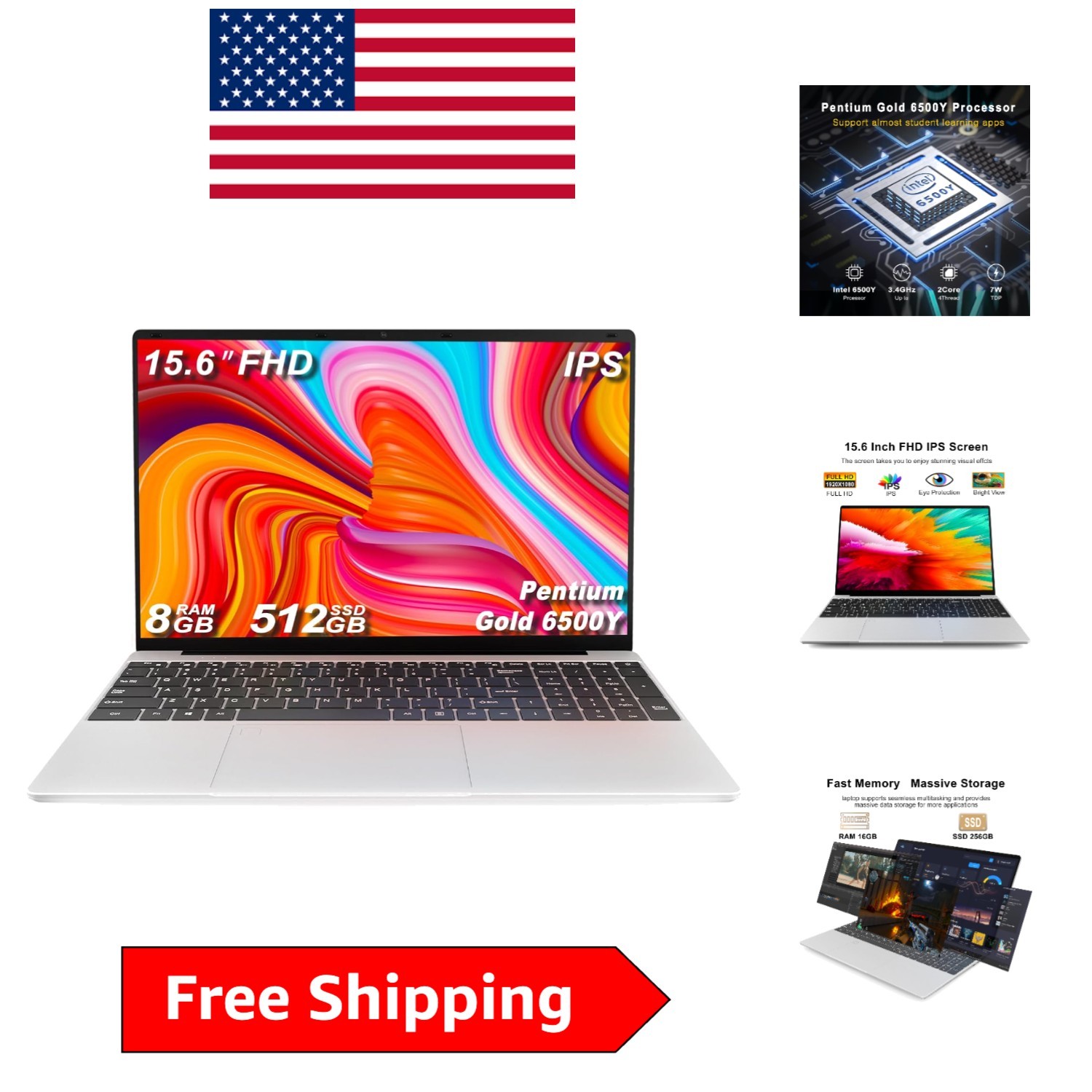 Portable 15.6 Inch FHD Laptop, 8GB RAM, SSD, Fingerprint Reader, Windows 11