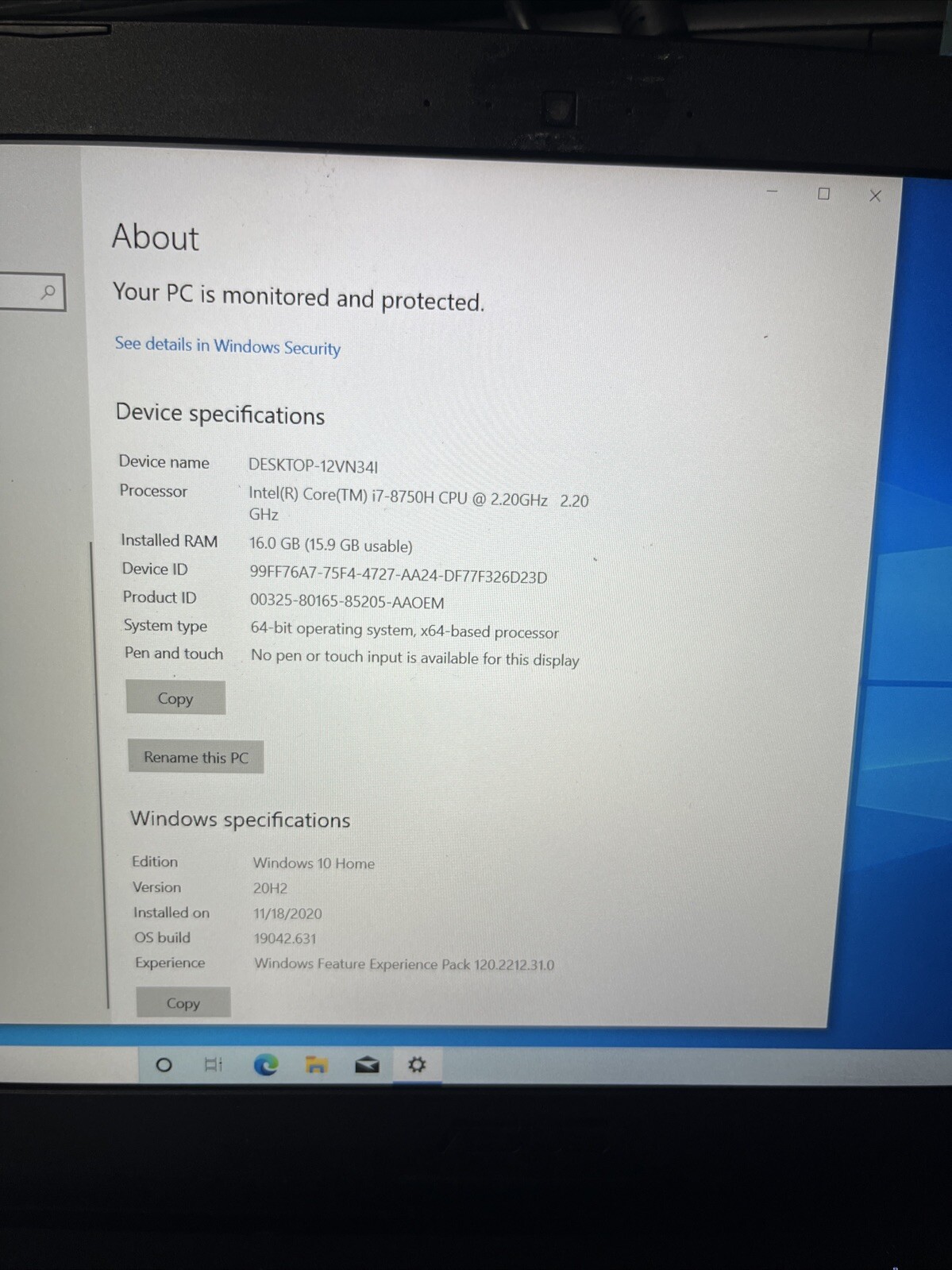 Asus TUF Gaming FX504G i7-8750H 2.20GHz 16GB RAM 256GB SSD 15.6″ Windows 10 Pro