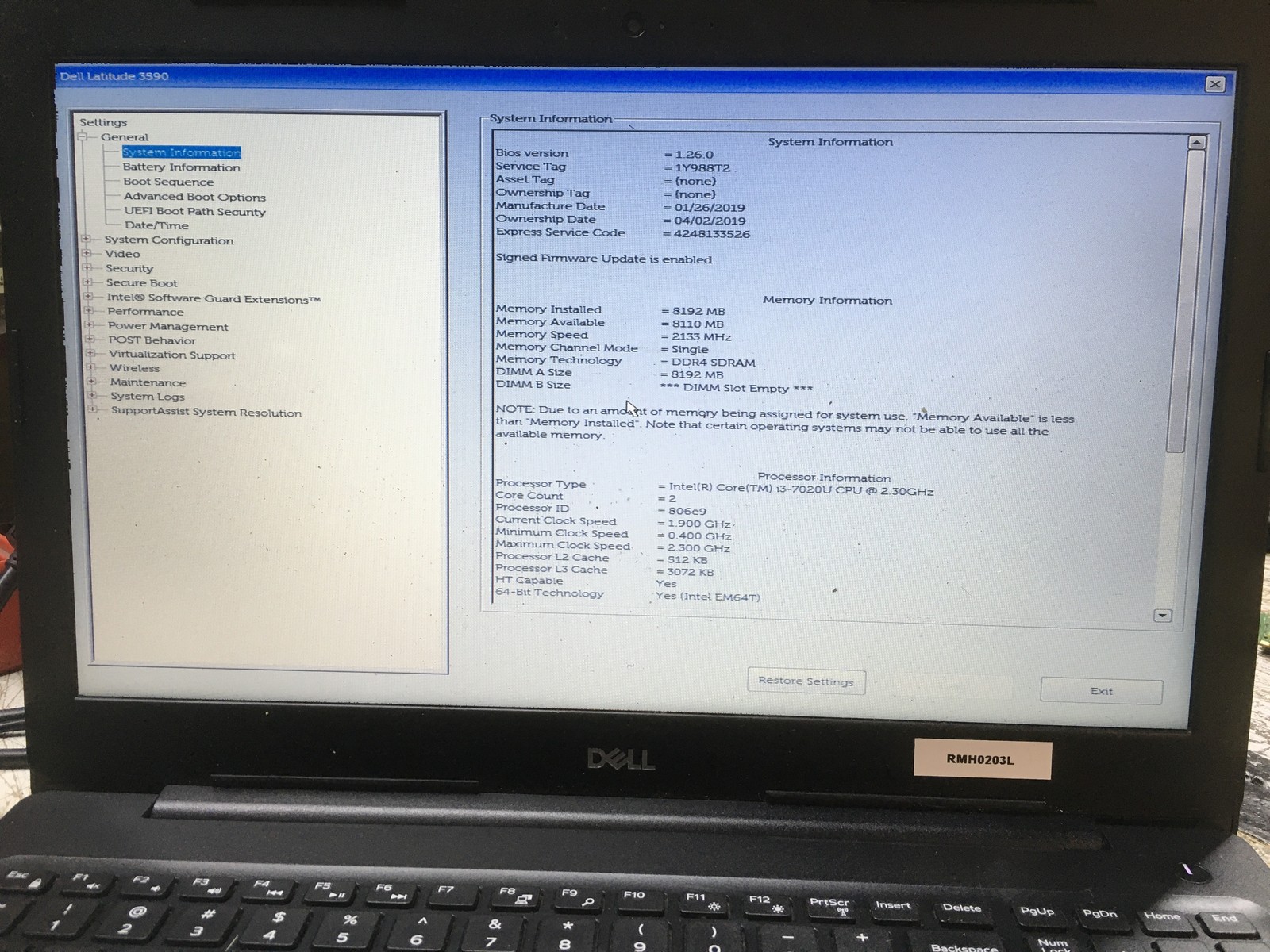 Dell Latitude 3590 Intel i3-7020U 2.3GHz 8 GB NO HDD No Batt