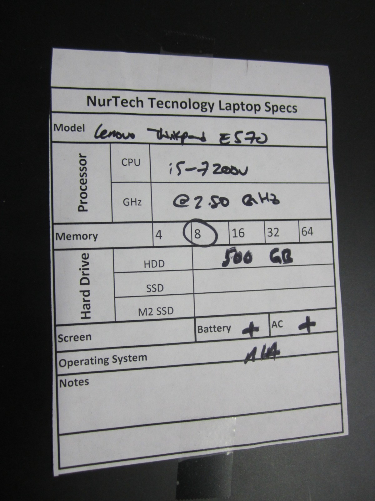 Lenovo ThinkPad E570 15.6″ i5 7200U 2.50GHZ 8GB 500GB Laptop w/ AC NO OS