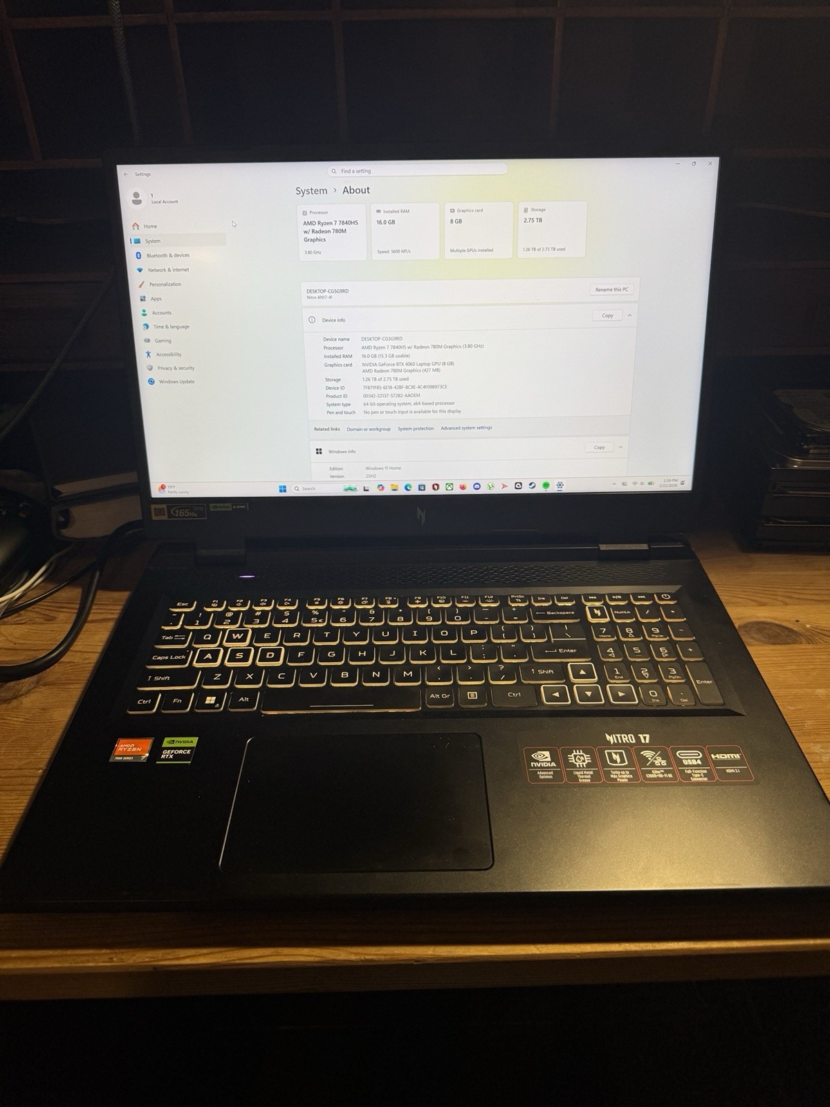 Acer Nitro 17 Gaming Laptop Ryzen 7 7840HS RTX 4060 17.3″ QHD 165Hz 1TB SSD 16GB