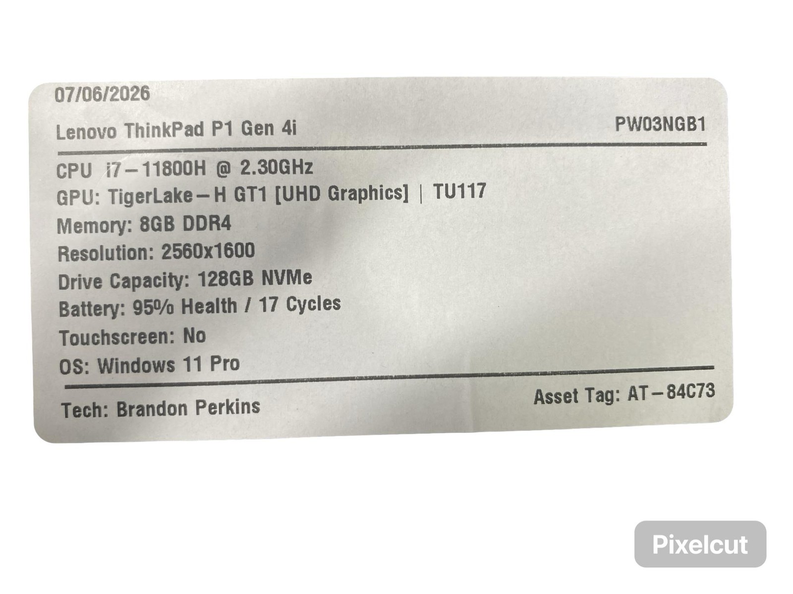 Lenovo ThinkPad P1 Gen 4i i7 11800H 8GB Win11Pro 128GB Battery Inc Grade C