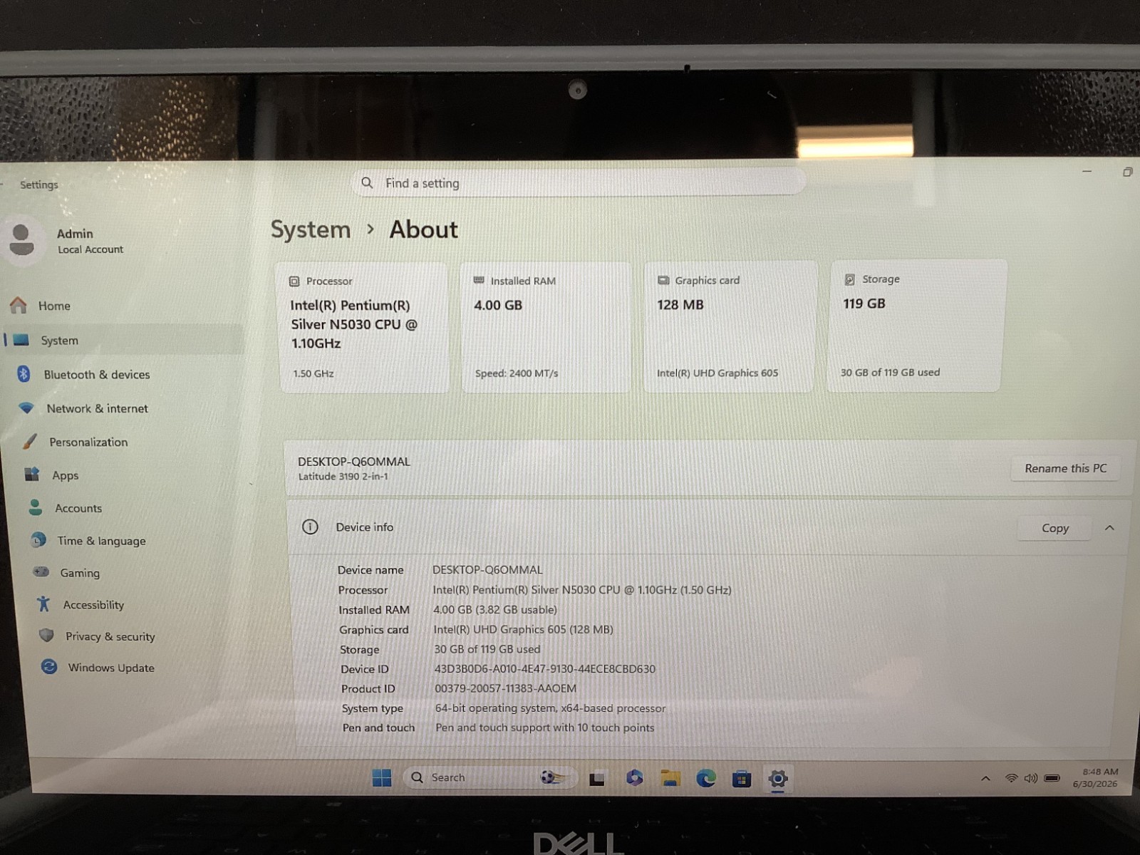 Dell Latitude 3190 2-in-1 Pentium Silver N5030 1.10GHz 4GB RAM 128GB SSD Read 4