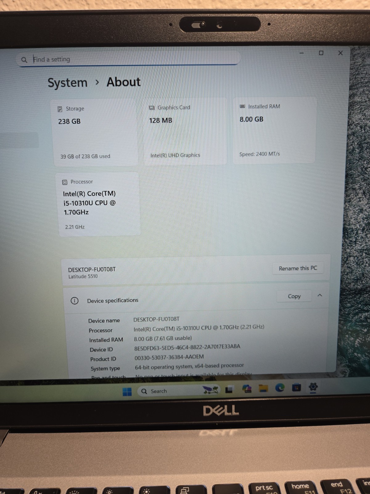 Dell 15,6″/i5-10310/8Gb/ssd 250Gb/Camera, Battery Work NO AC #40