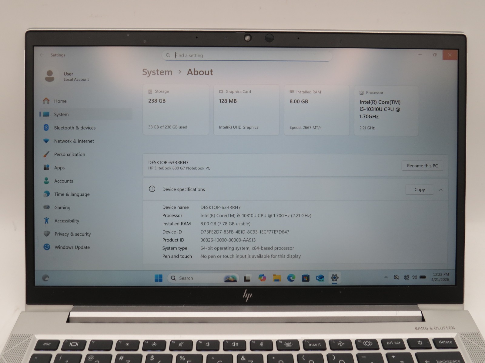HP Elitebook 830 G7 | i5-10310U @ 1.7GHz | 8GB DDR4 | 256GB m2 | 13″ | Win 11