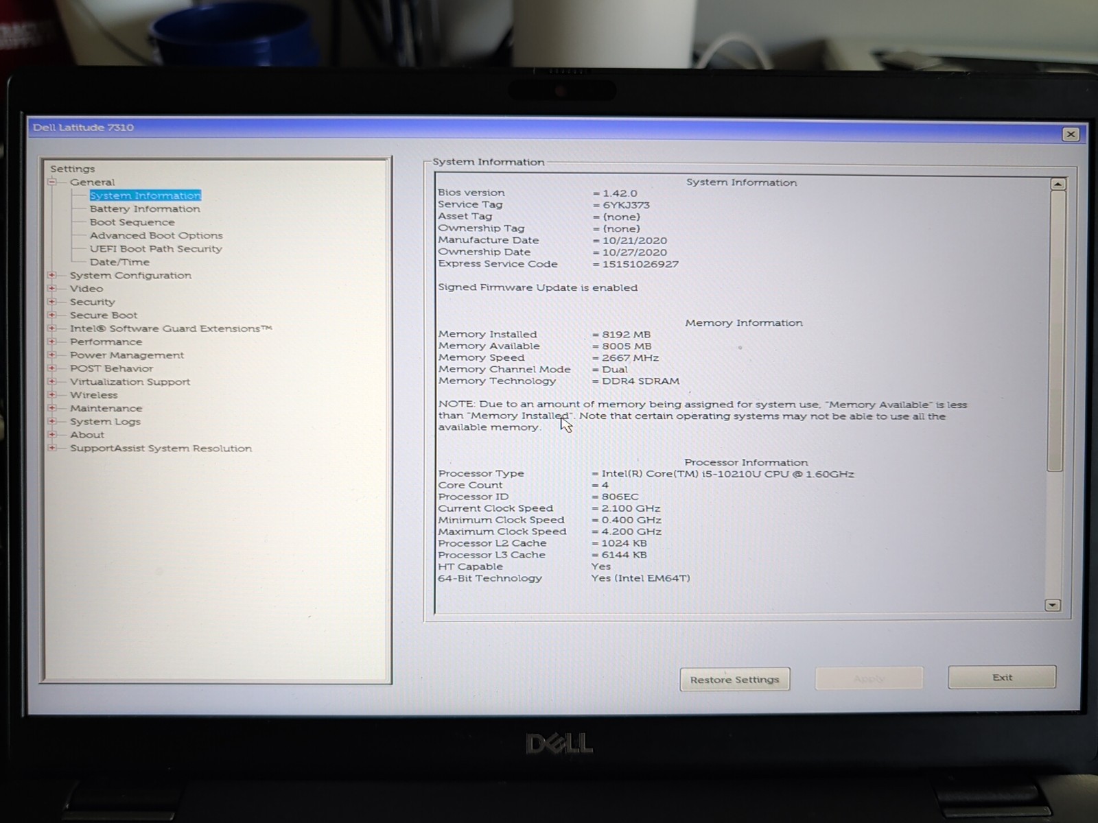 DELL LATITUDE 7310 – INTEL i5-10210U 8GB RAM – read Description