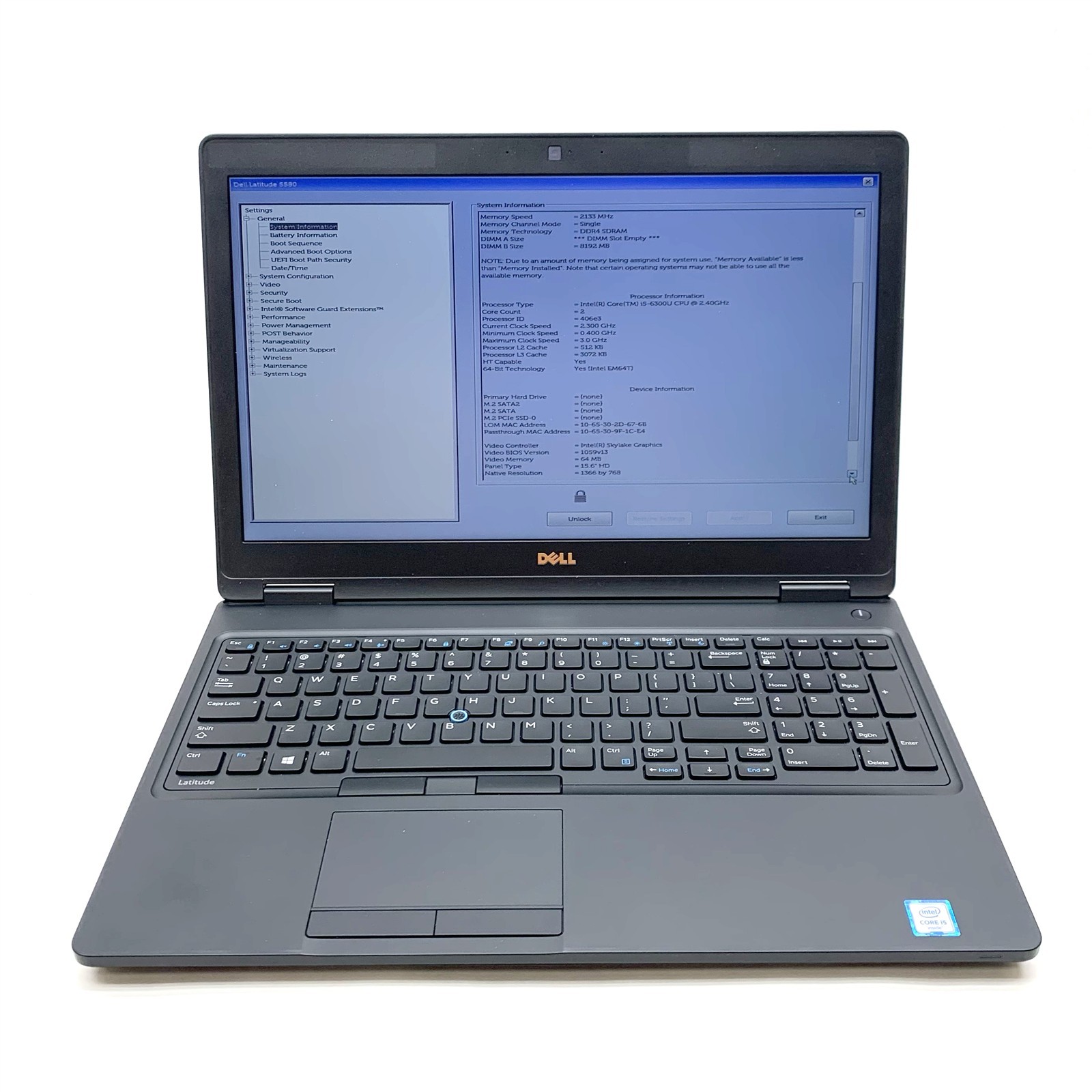 Dell Latitude 5580 15.6″ FHD Intel i5-6300U 2.4GHz 8GB No HDD, WLAN, BIOS Locked