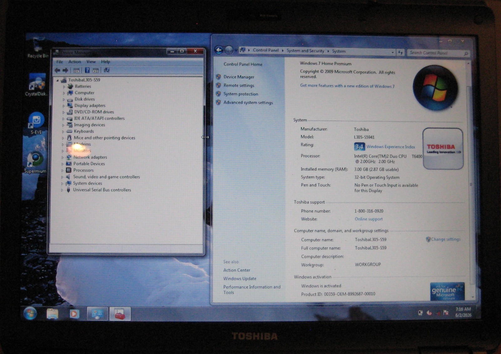 Toshiba Satellite L305-S5941 Laptop, Intel Core 2 Duo, 3GB RAM, 200GB HDD, Win 7