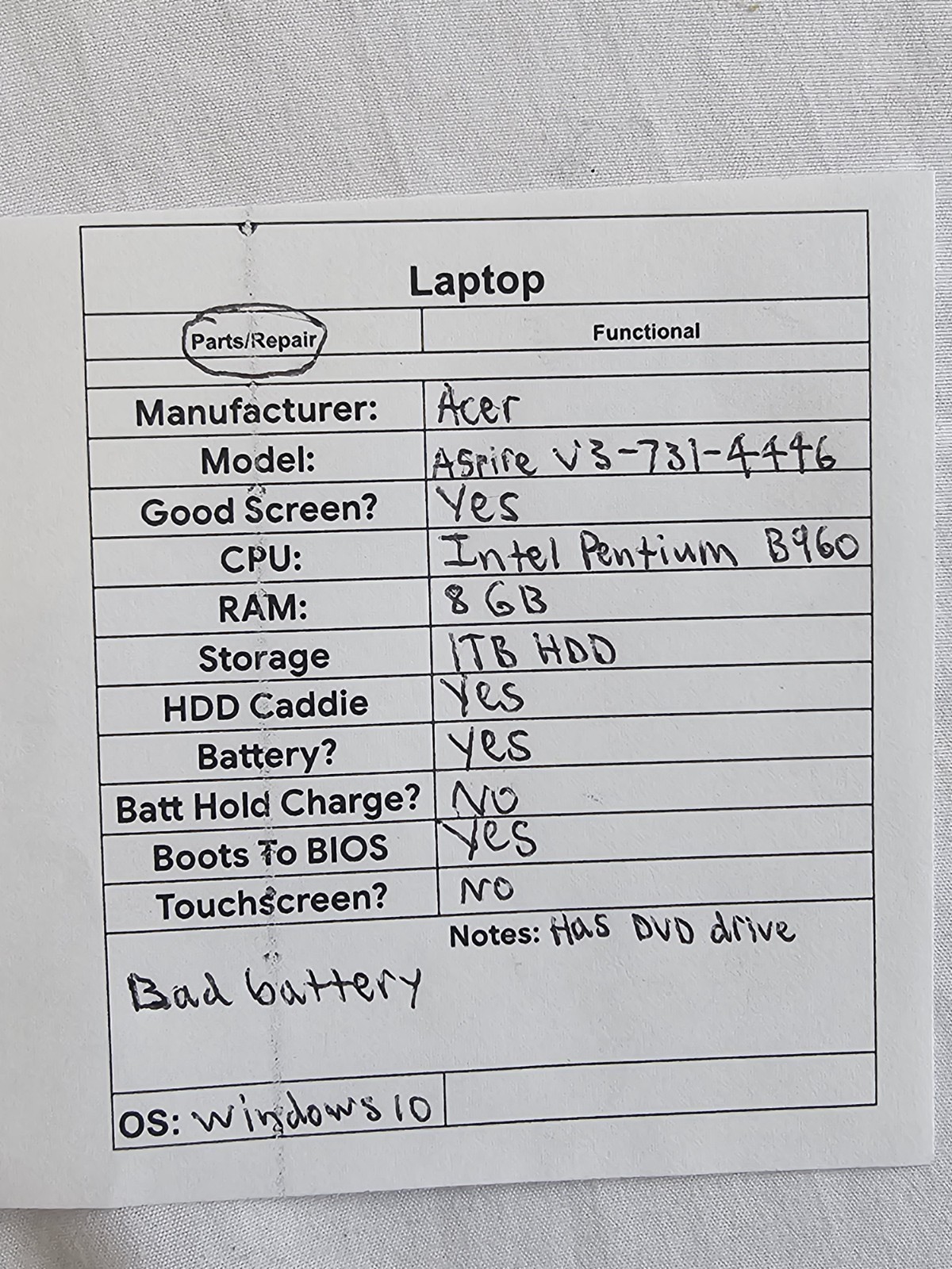 Acer Aspire V3 731-4446 Laptop Intel Pentium B960 8GB RAM 1TB HDD BAD BATT Win10