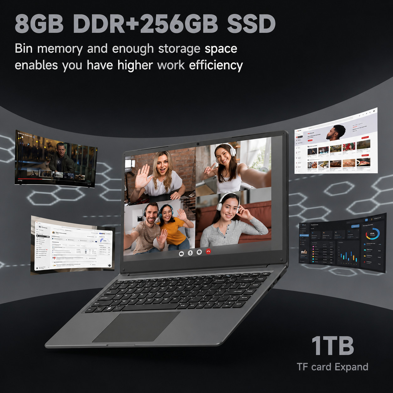 16-inch Laptop Computer with Win11, 8GB RAM 256GB SSD Expandable 1TB/Dark Gray