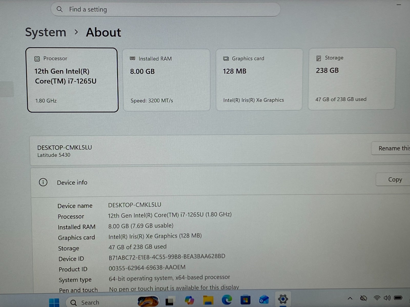 DELL LATITUDE 5430 14″ FULLHD i7-1265U 8GB RAM 256GB NVMe WINDOWS 11 BATTERY 99%