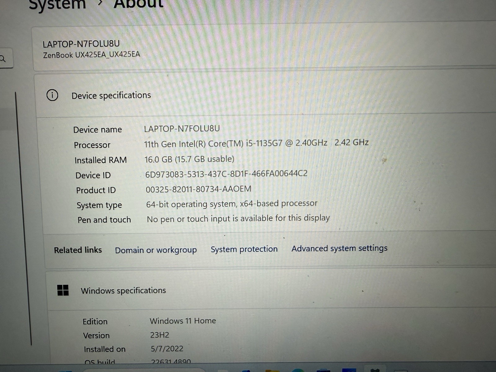 Asus ZenBook 14 UX425E | i5-1135G7 | 16GB RAM | 512GB | WIN11 | 65W Charger Inc.