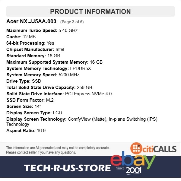 Acer NX.JJ5AA.003 Chromebook Plus Spin 514 14″ Touch Core 7 150U 16GB 256GB SSD