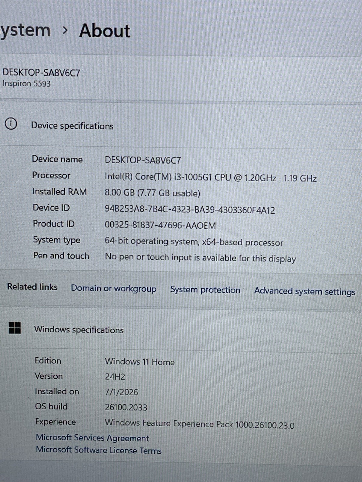 Dell Inspiron 5593 15.6” i3-1005G1 8GB RAM 128GB SSD Win11 Pro OEM Charger