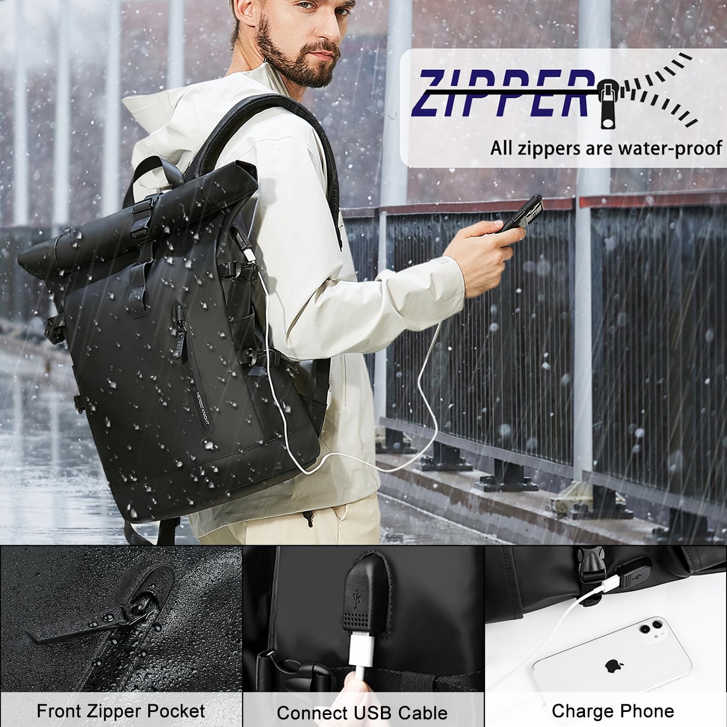 HEROIC KNIGHT Rolltop 15.6″ Waterproof Laptop Backpack with USB Charge Port