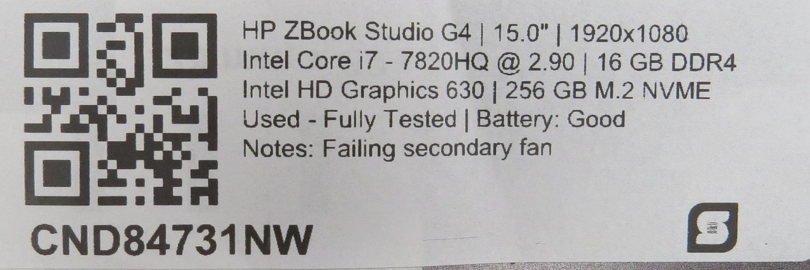 HP Zbook Studio G4 i7-7820HQ @ 2.9GHz 16GB DDR4 256GB M.2 No OS
