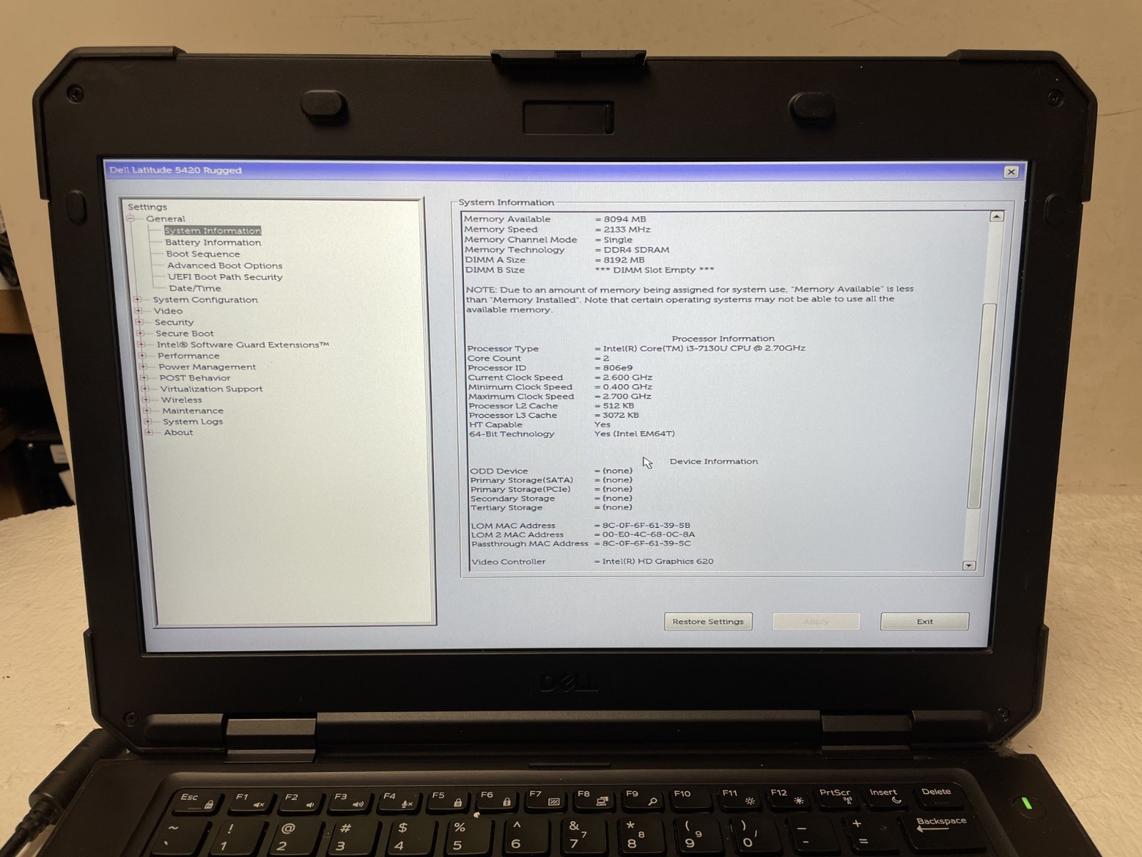 Dell Latitude 5420 14″Rugged Intel i3-7130U @2.70GHz 8GB RAM NO SSD/Battery READ