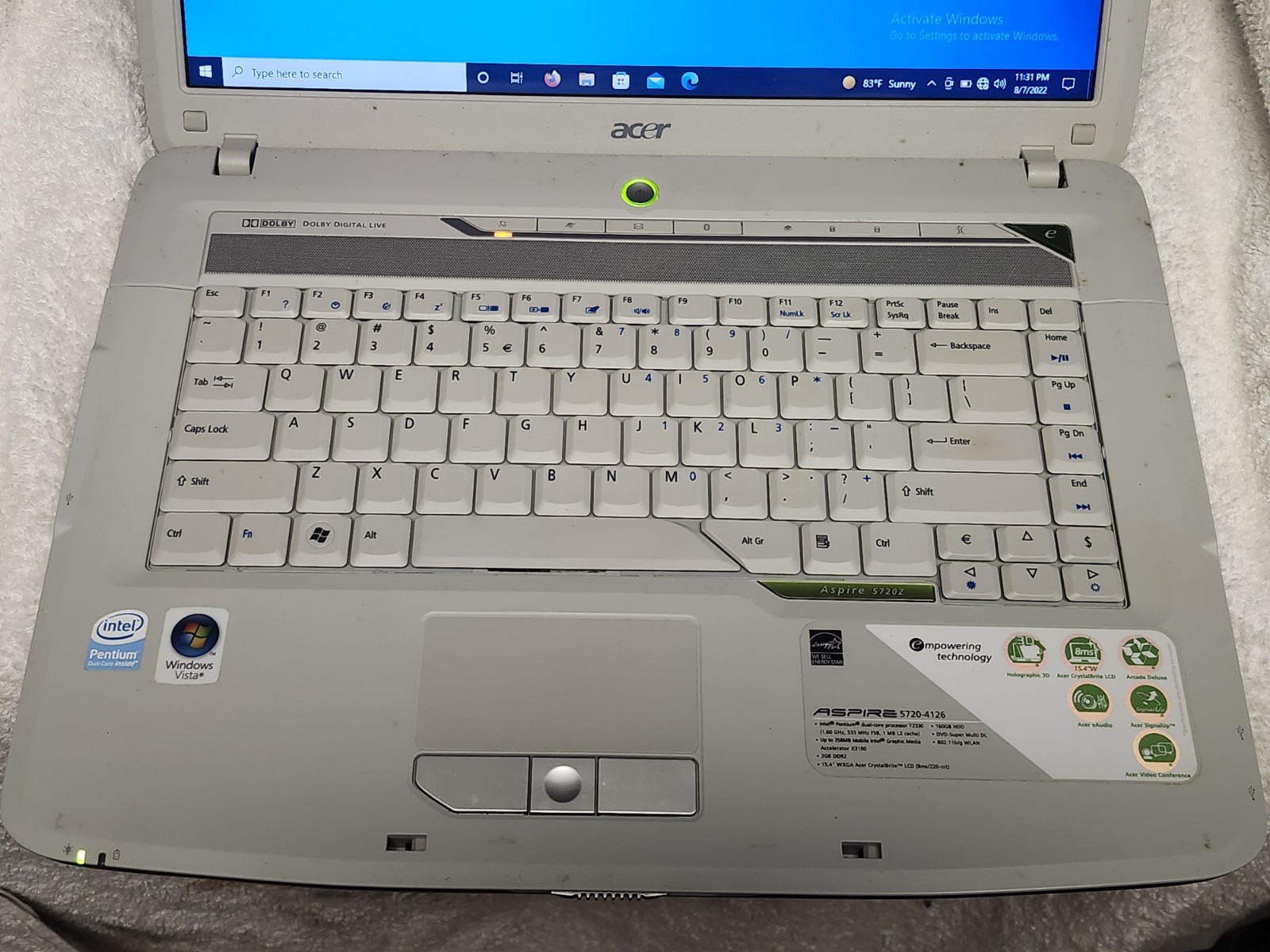 Acer Aspoire 5720 Laptop Windows Vista Home Premium DVD RW