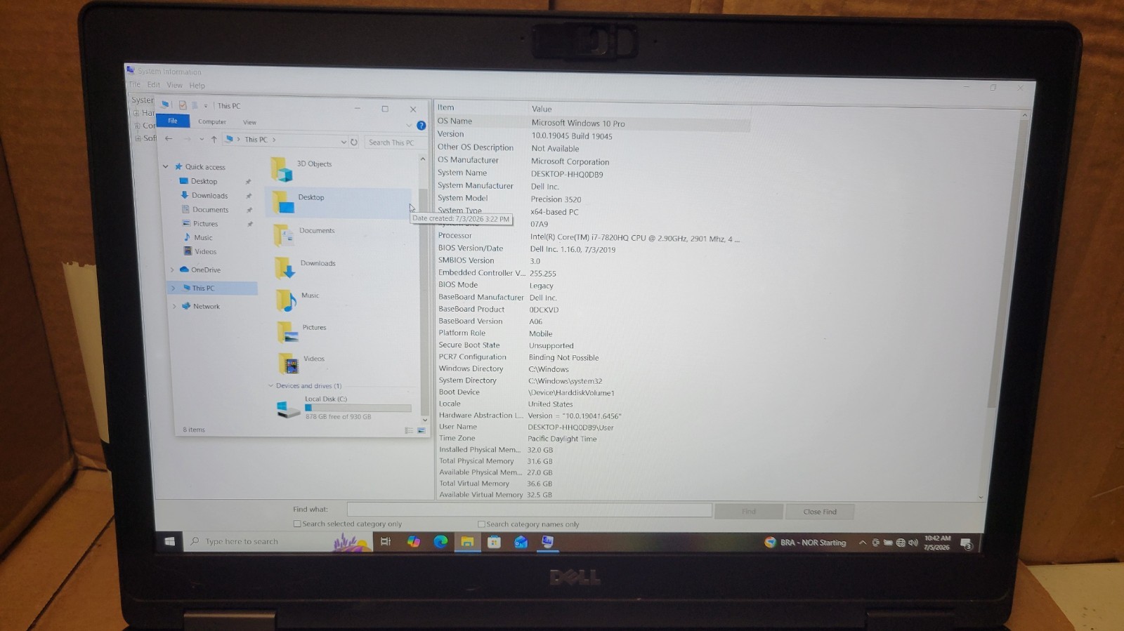 Dell Precision 3520 Laptop | i7-7820HQ 2.9GHz | 32GB RAM | 1TB SSD | Win 10 Pro