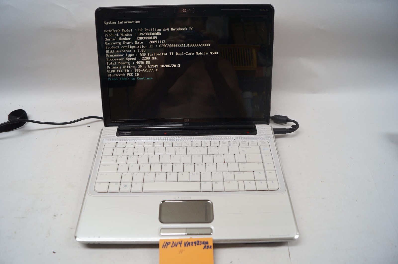 HP DV4 VA298UA#ABA Pavilion Laptop 14″ 2.2GHz 4GB Mem No HD WORKING PoR B153