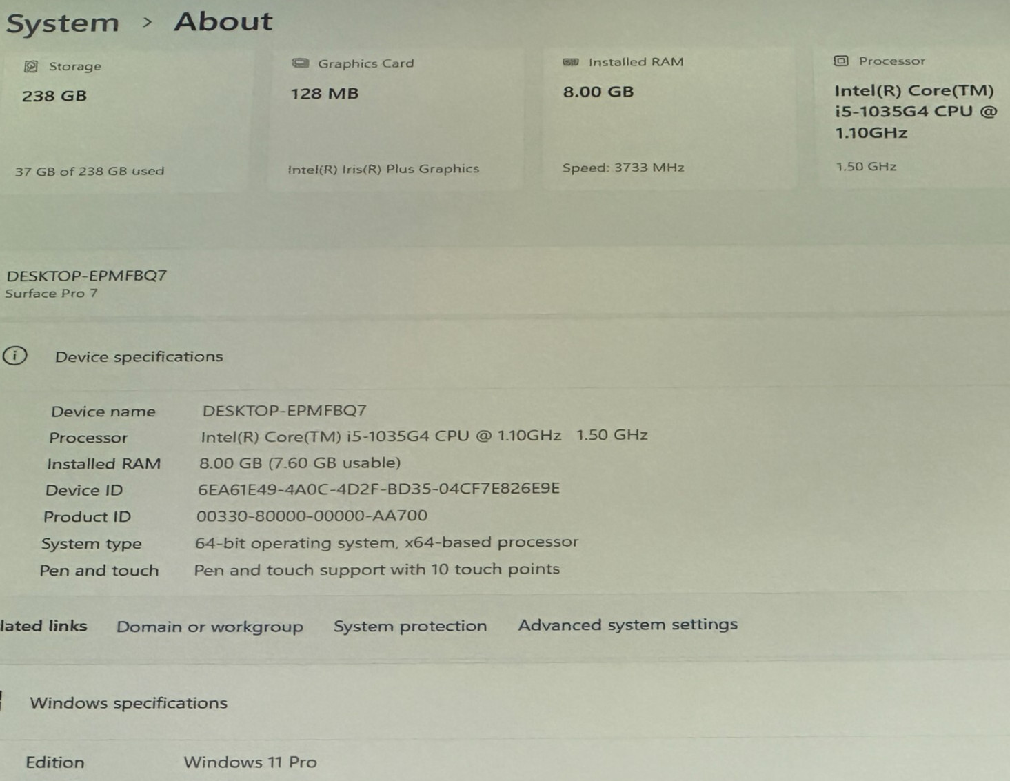 MICROSOFT SURFACE PRO 7 1866 LAPTOP CORE i5-1035g4 @ 1.10Ghz 8GB RAM 128GB SSD