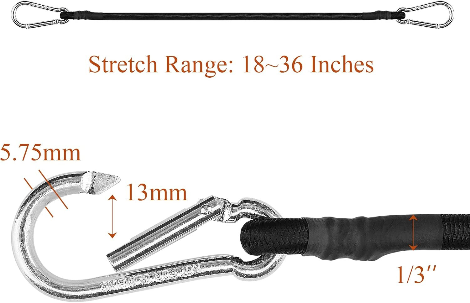 18 Inch Black Bungee Cords with Carabiner Hooks, 4Pcs