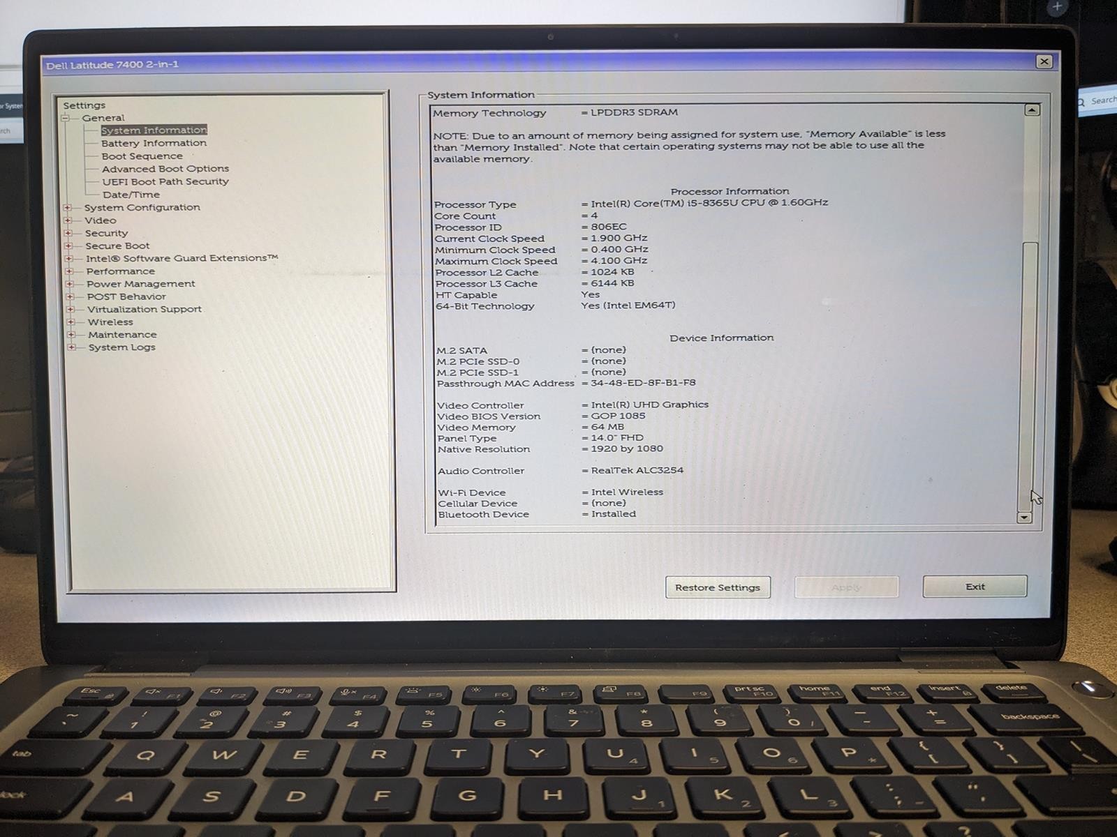 DELL LATITUDE 7400 2-IN-1 i5-8365U @ 1.60GHz, 16GB RAM, NO HDD/OS