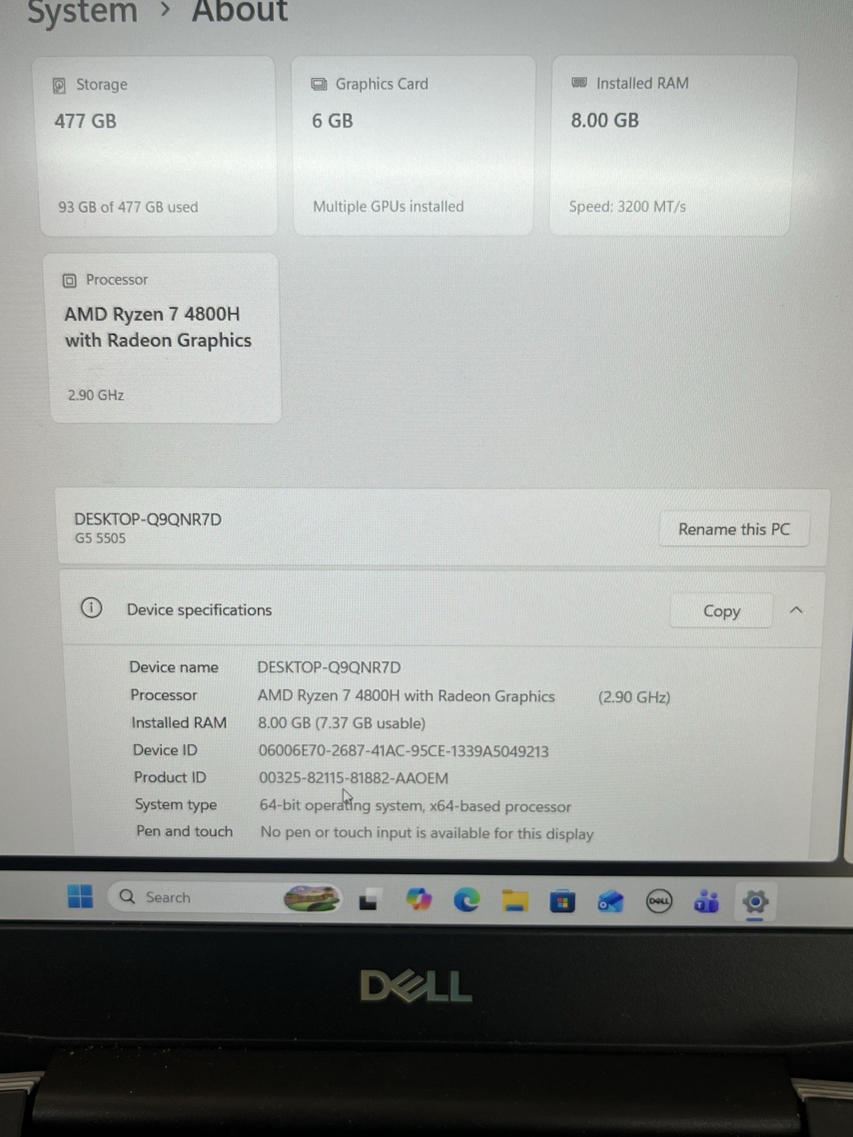 Dell G5 SE 15.6 inch 512GB HD, Ryzen 7, 2.90GHz, 8GB, Radeon 4800H 6GB Graphics