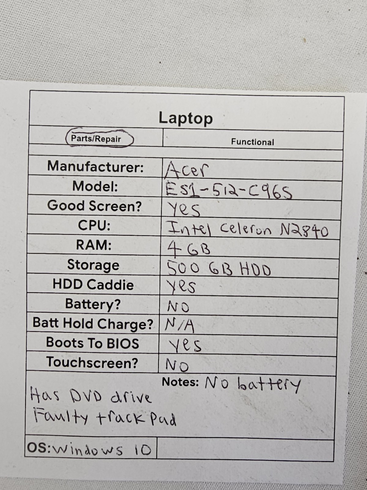 Acer ES1-512-C965 Laptop – Intel Celeron N2840 – 4GB RAM 500GB HDD NO BATT READ