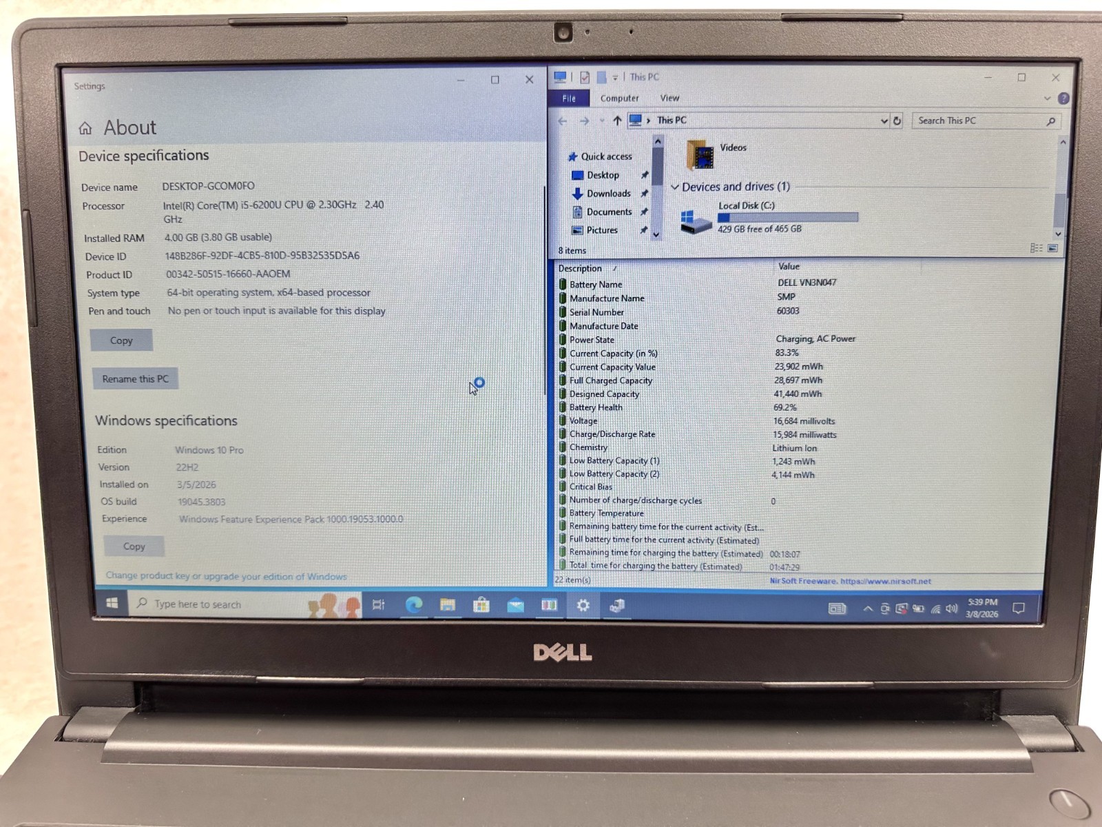 Dell Latitude 3570 Intel i5-6200U, 2.3Ghz 4GM RAM 500GB SATA HHD WIN 10P Charger