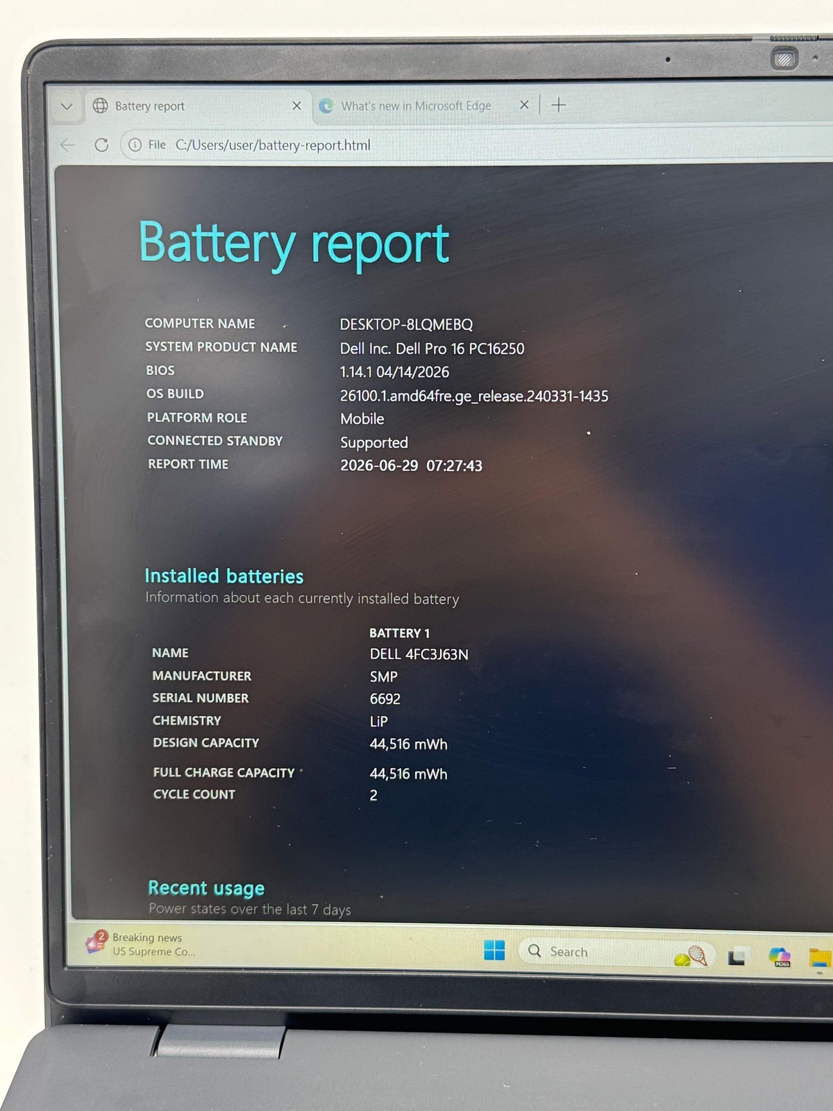 Dell Pro 16 PC16250 16″ Core 3 8GB 256GB SSD Black Used
