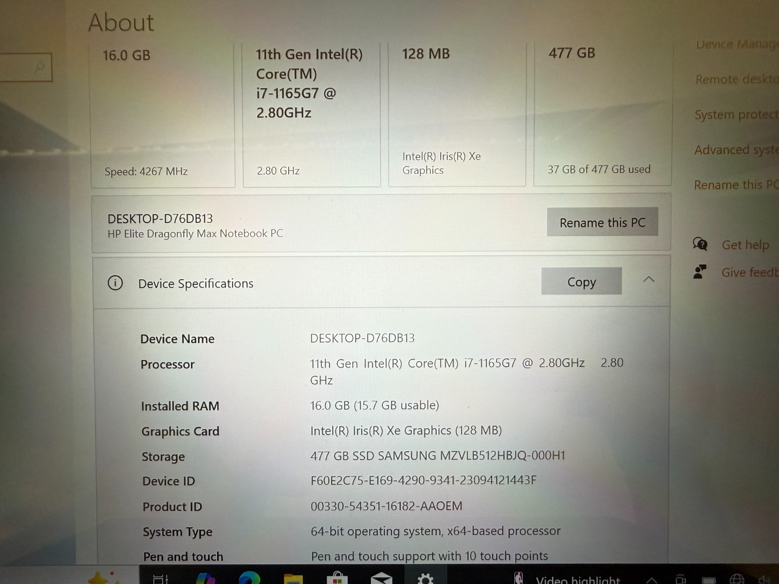 HP ELITE DRAGONFLY MAX LAPTOP I7-1165G7 2.80GHZ 13.3″ LCD 512GB HD 16GB *NO AC