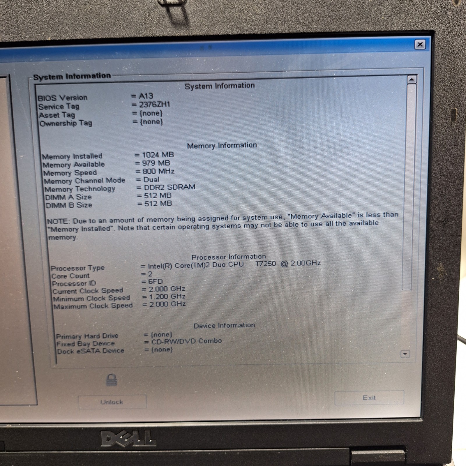 Dell Latitude E5400 14.1″ Intel Core 2 Duo T7250 @ 2.00Ghz 1GB Ram No HDD No OS
