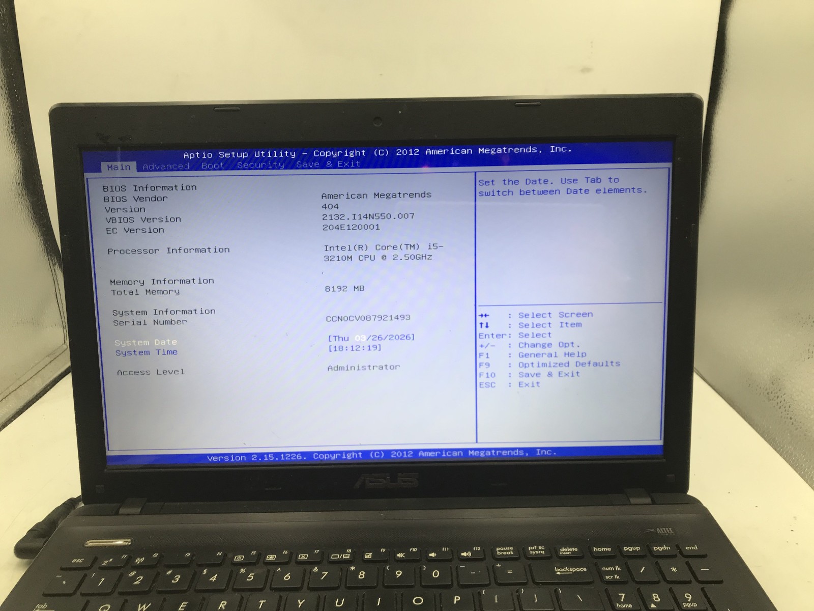 ASUS K55A NOTEBOOK – BOOTS TO BIOS – INTEL I5 3210M – 4GB RAM – READ DESCRIP -BB