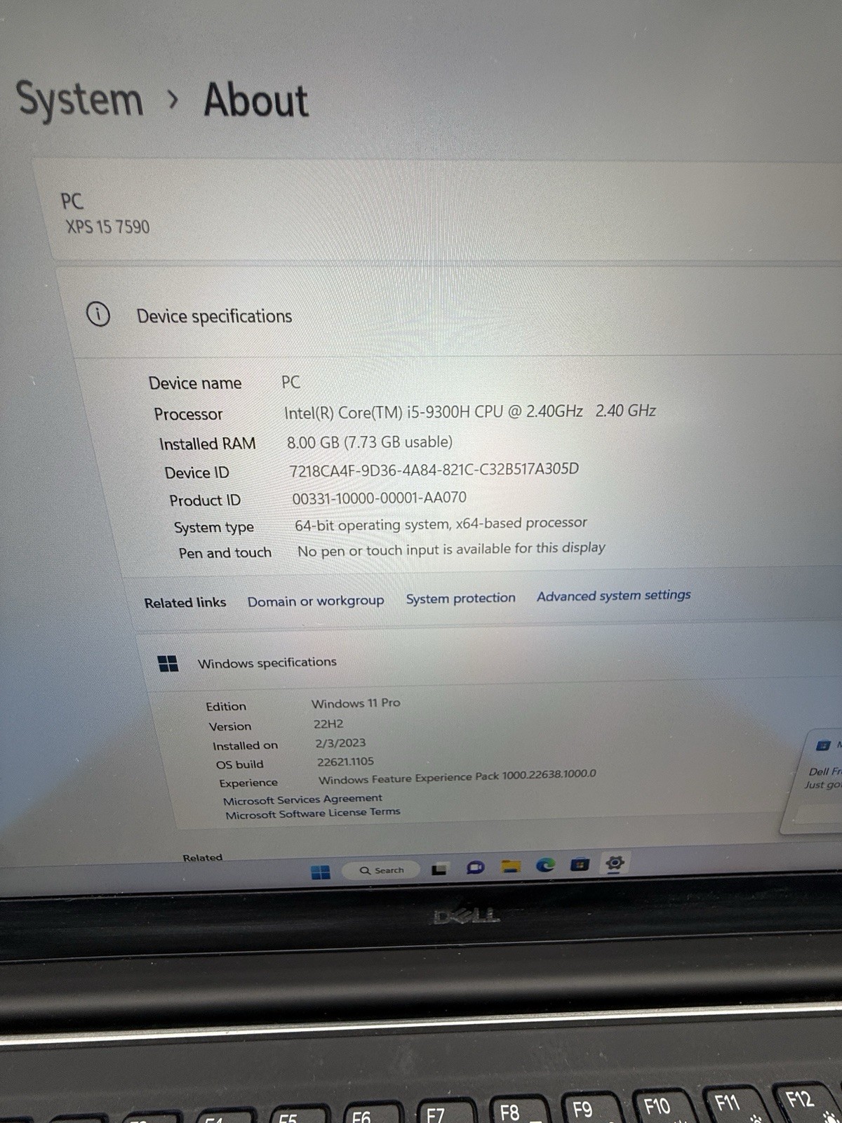 Dell XPS 15 7590 15.6” i5-9300H 8GB RAM 256GB SSD Windows 11 Pro Laptop