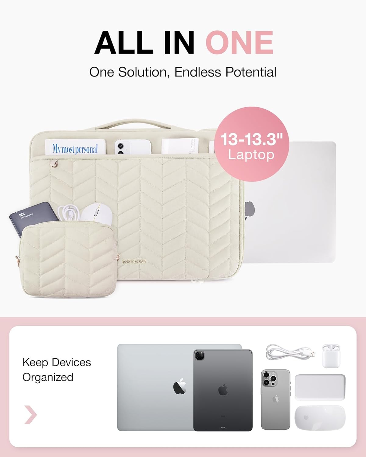 Puffy Padded Laptop Bag Sleeve for Women, Portable MacBook Air/Pro Case, Beige