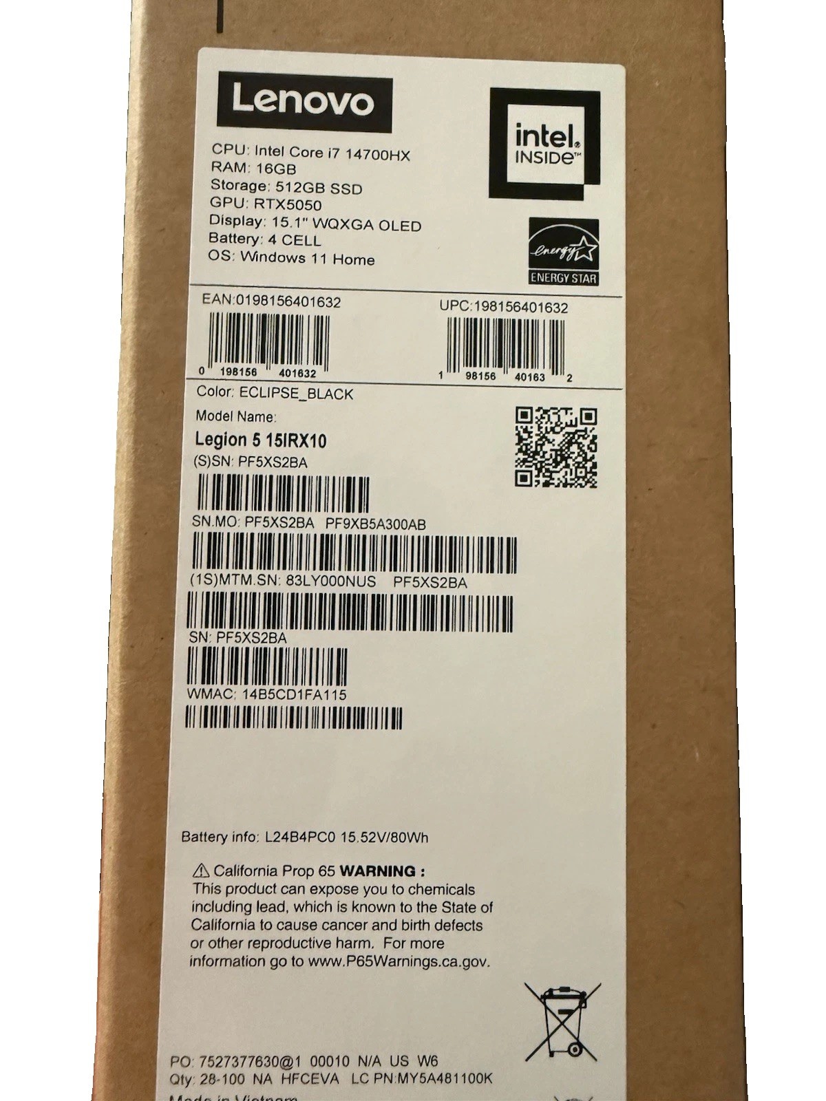 Lenovo Legion 5i 15.1″ i7-14700HX 16GB 512GB SSD RTX 5050 OLED w/ extra ssd+ram