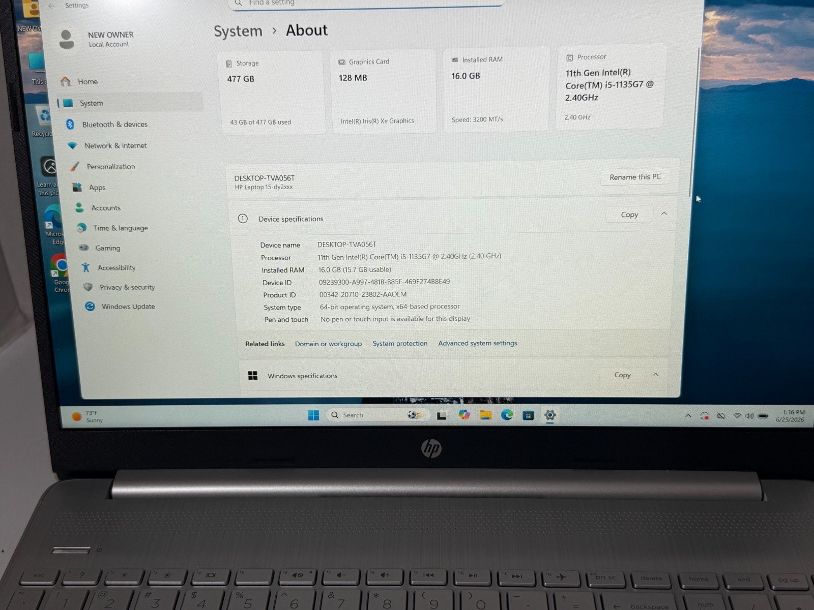HP Laptop 11th Gen Core i5-1135G7 16GB RAM 512GB NVMe Win11H w/AC Adapter