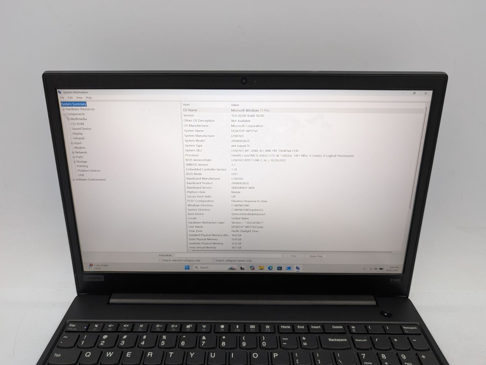 Lenovo ThinkPad E590 15.6″ Intel i5-8265U 16GB RAM 256GB SSD 1TB HDD Win 11 Pro