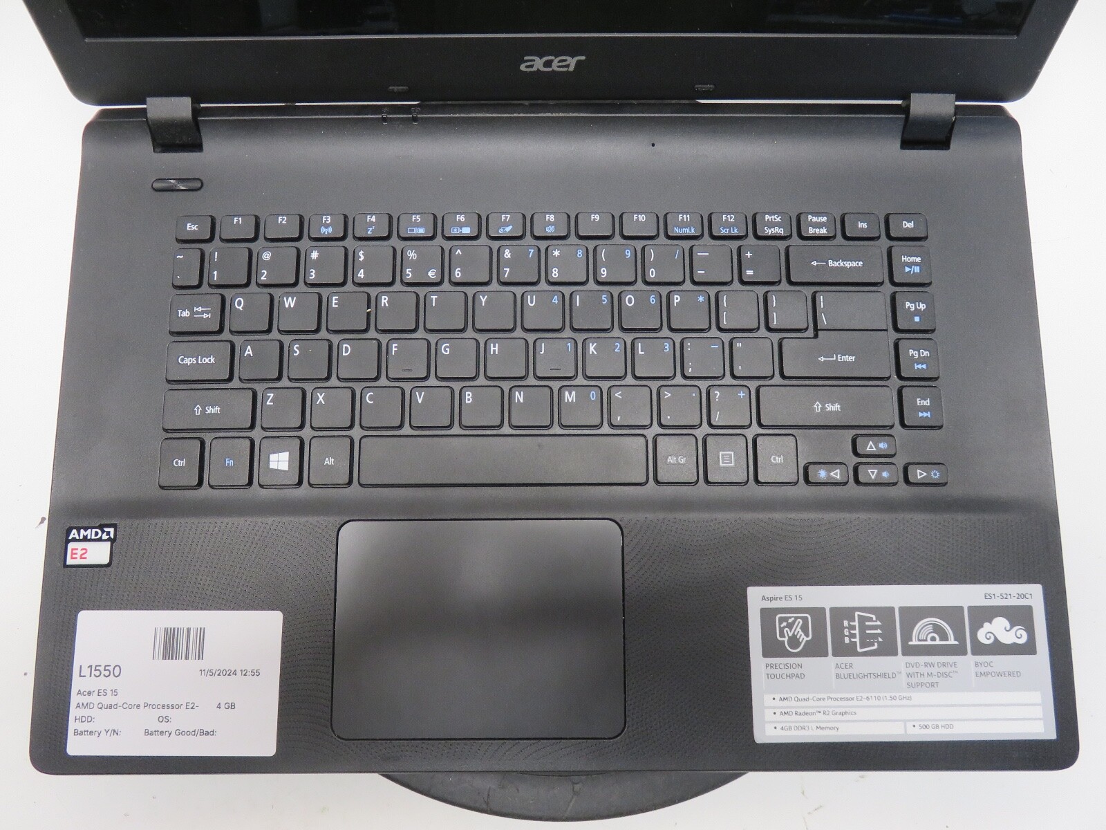 Acer ES 15 AMD Quad-Core Processor E2-6110 1.5GHz 4 GB NO HDD No Batt READ