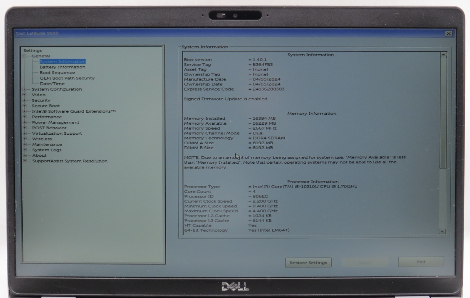 Dell Latitude 5510 i5-10310U @ 2.20GHz 16GB DDR4 500GB M.2 Win11 Pro