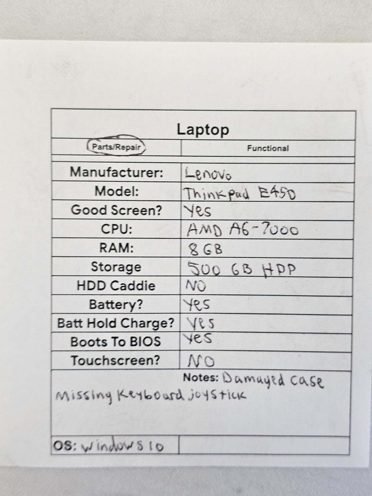 Lenovo ThinkPad E450 Laptop – AMD A6-7000 – 8GB RAM – 500GB HDD – Win 10 – READ