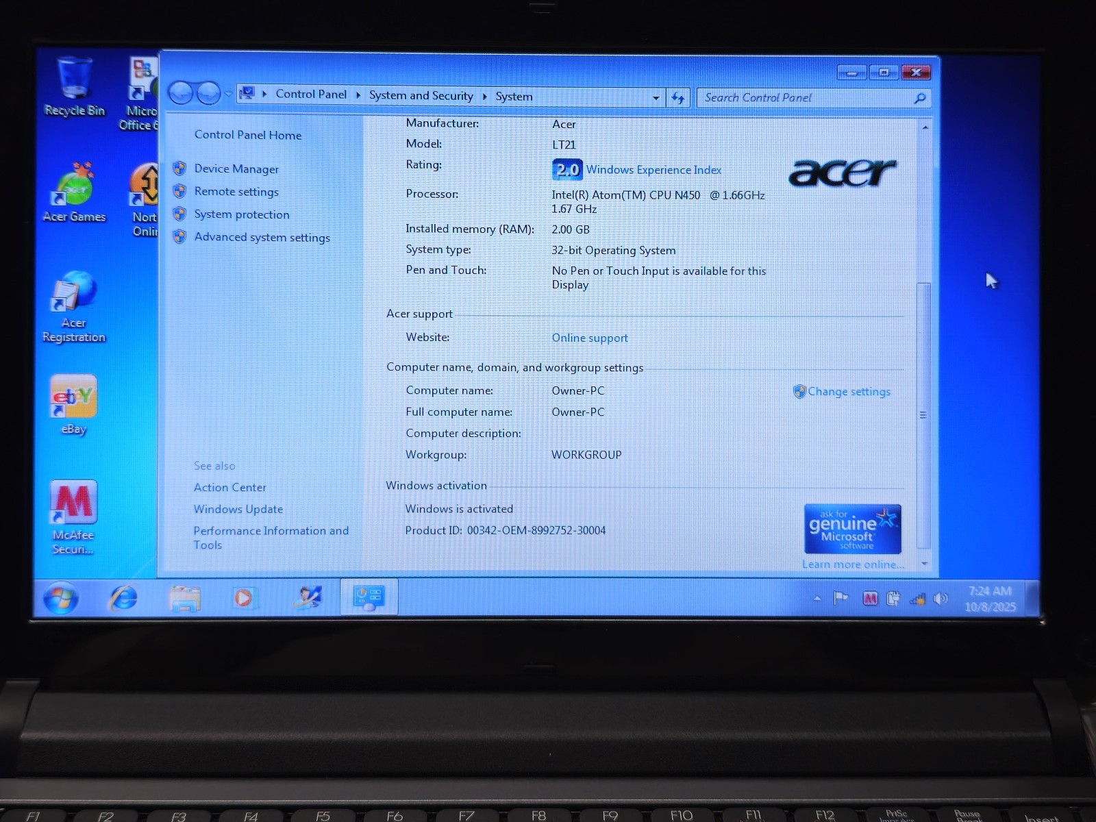 Gateway NAV50 10.1″ Netbook Atom N450 + 2GB + 250GB Windows 7 Starter TESTED