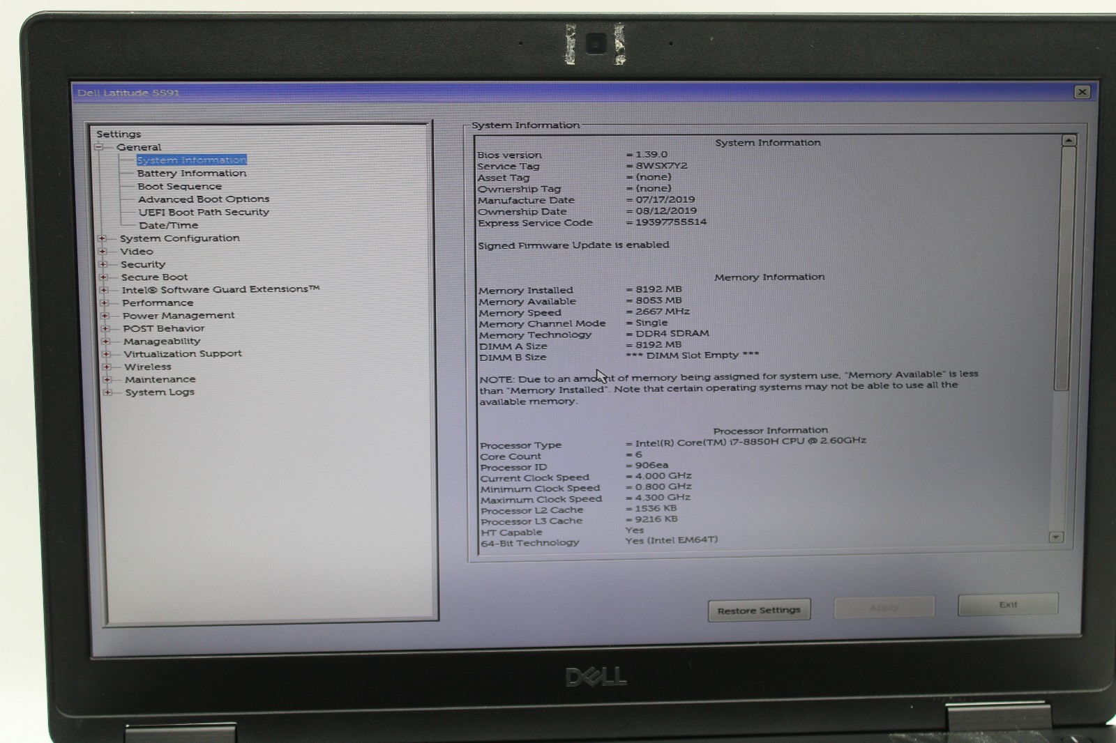 Dell Latitude 5591 i7-8850H @ 2.6 GHz 8GB RAM 512GB SSD Windows 11 Home