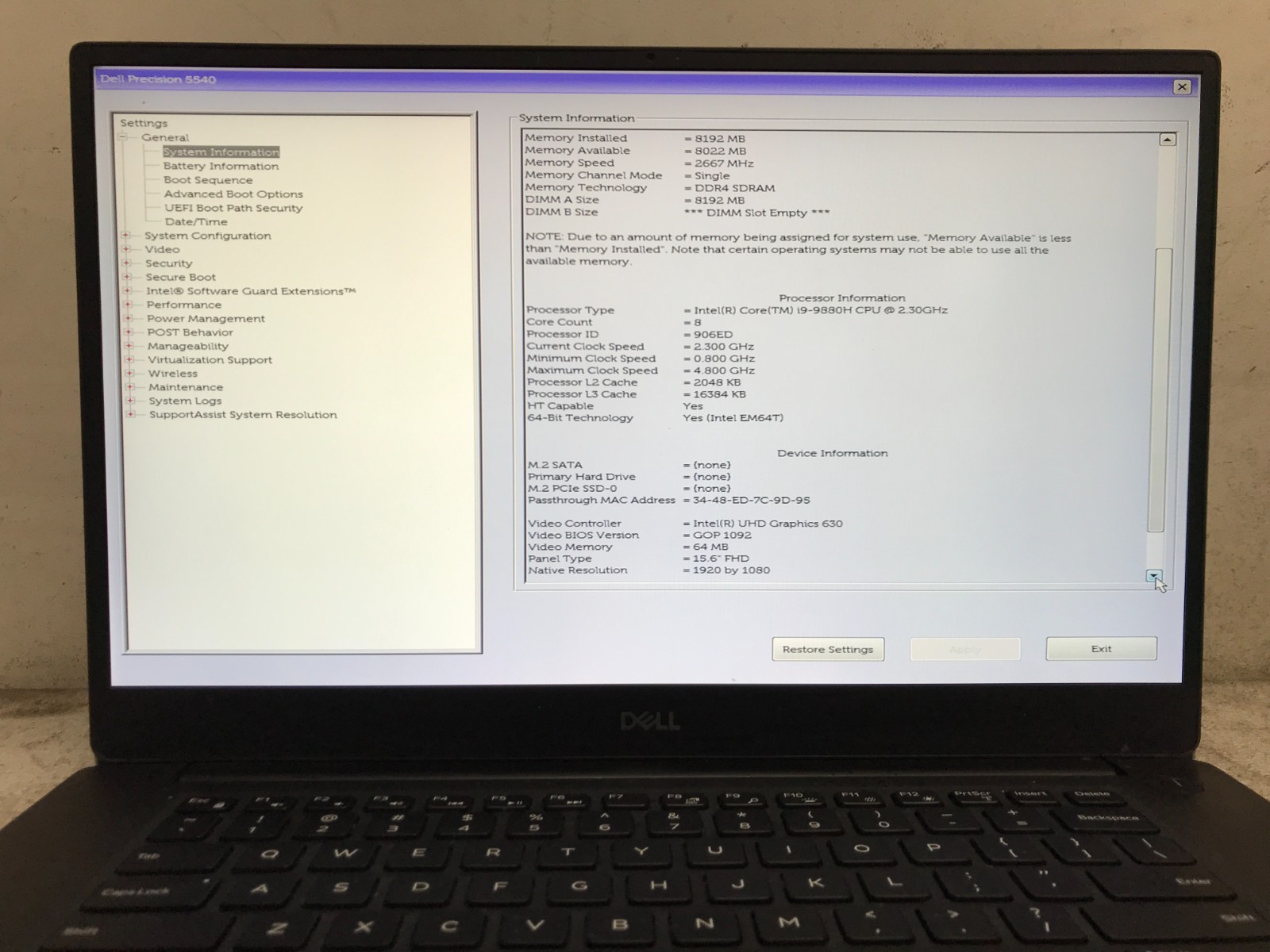 Dell Precision 5540 / Intel Core i9-9880H 2.30GHz / 8GB RAM / No SSD