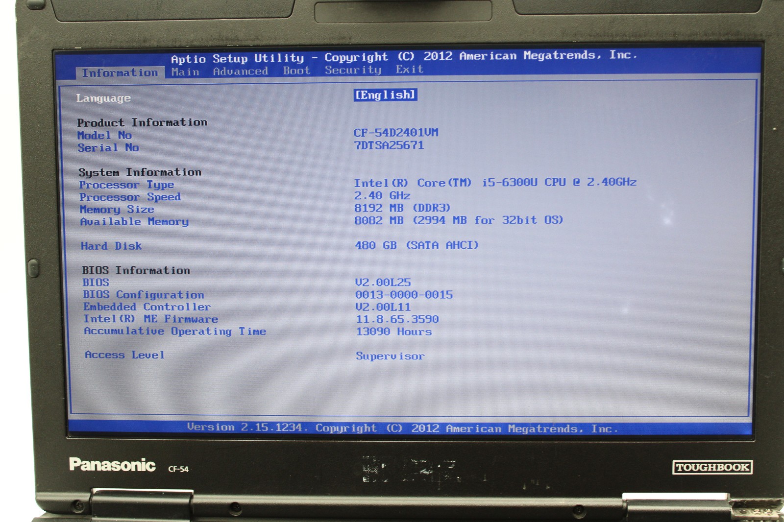 Panasonic ToughBook CF-54 MK2 _ i5-6300U _ 8GB / 480GB _ No OS / Batt