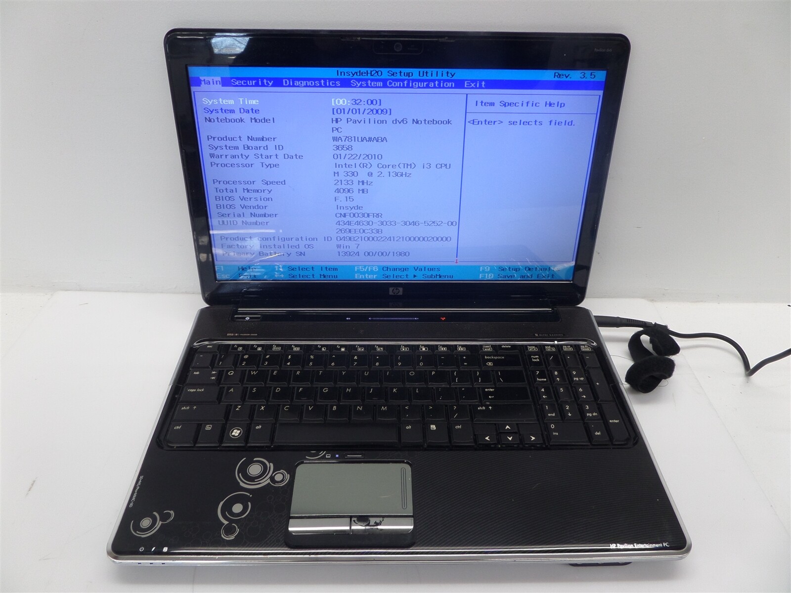 HP Pavilion dv6 Notebook PC w/ i3 M330 2.13GHz CPU 4GB RAM – No HDD