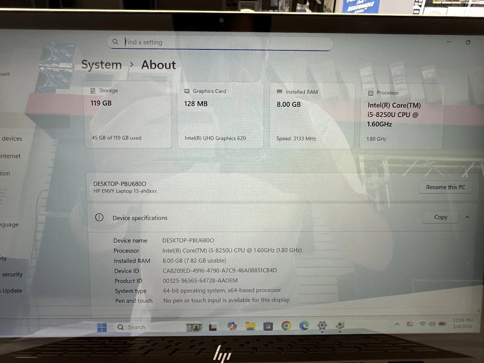 HP 13.3″ ENVY 13-ah0075nr i5-8250U 1.80 GHz 8GB RAM 128GB SSD Win 11 Pro