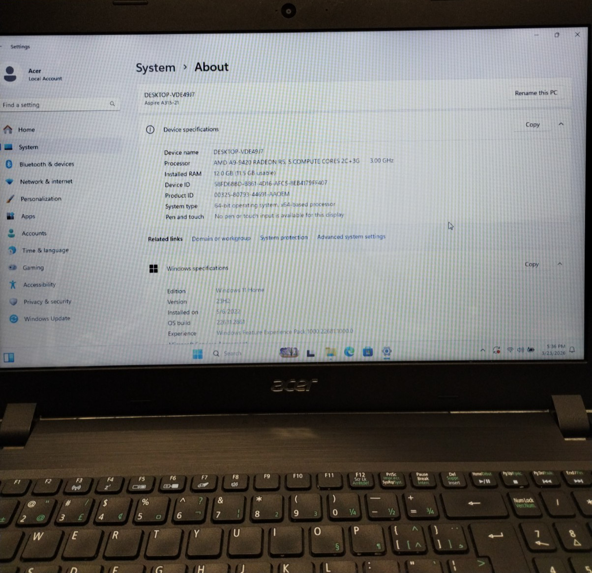 Acer Aspire 3 A315-21 N17Q3 15.6″ Laptop AMD A9-9420 12GB RAM 500GB W11H